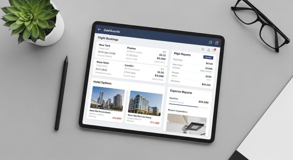 Corporate travel management dashboard interface showing bookings and expenses