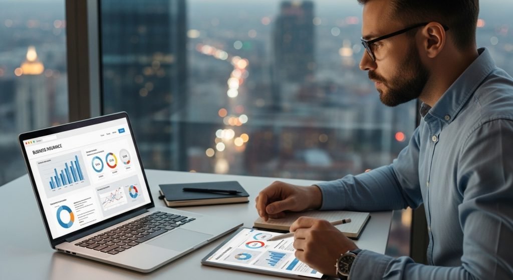 Small business owner comparing commercial liability insurance quotes online for their business