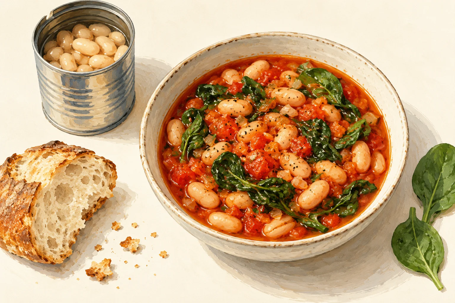 Illustration of canned bean dinners: white beans with tomatoes and spinach