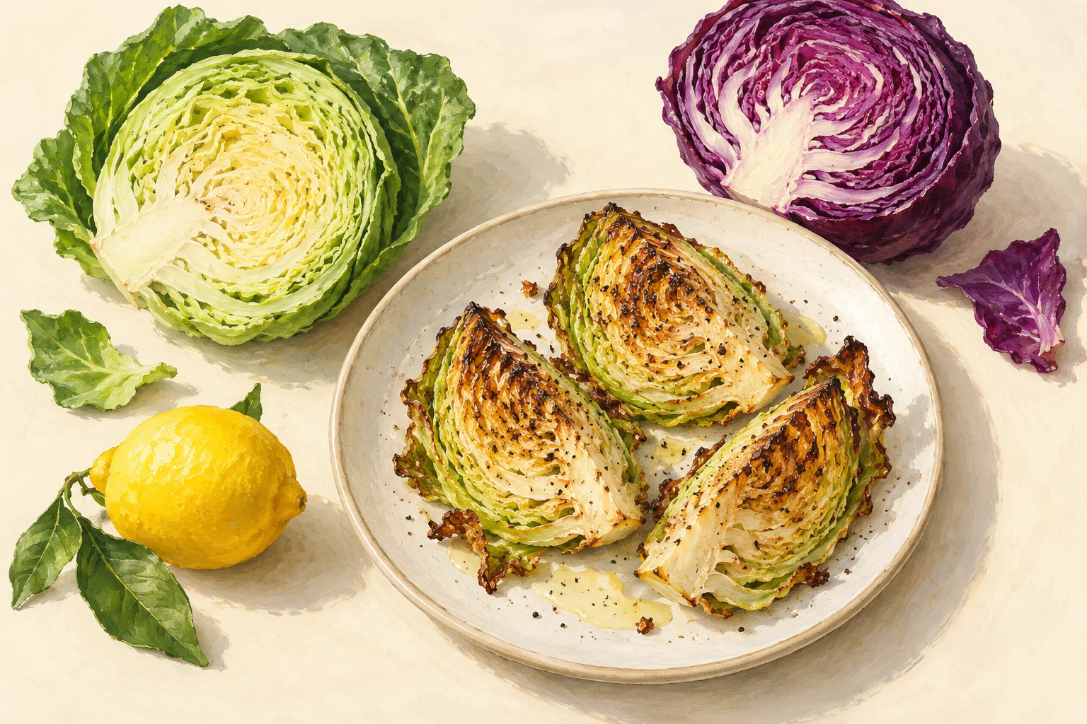 Illustration of ways to cook cabbage, showing roasted wedges beside fresh cabbage