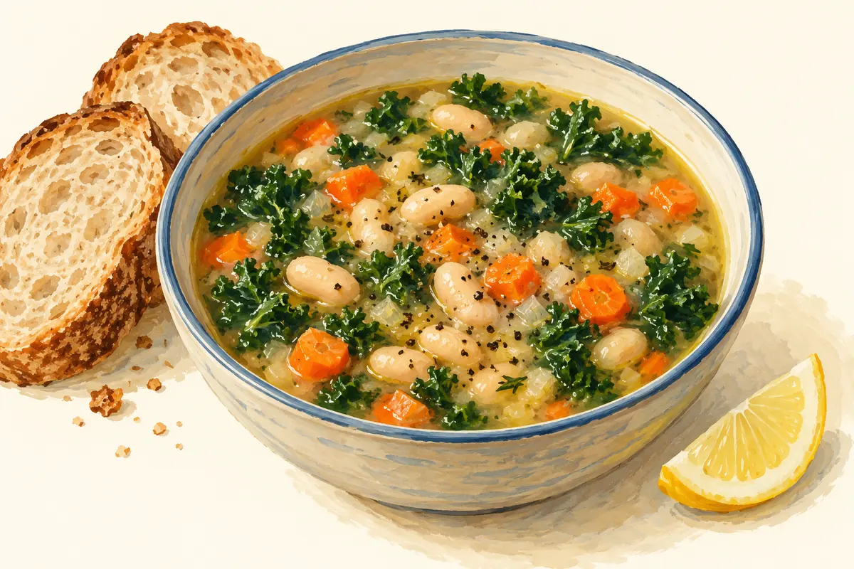 Illustration of White-bean, carrot and kale soup
