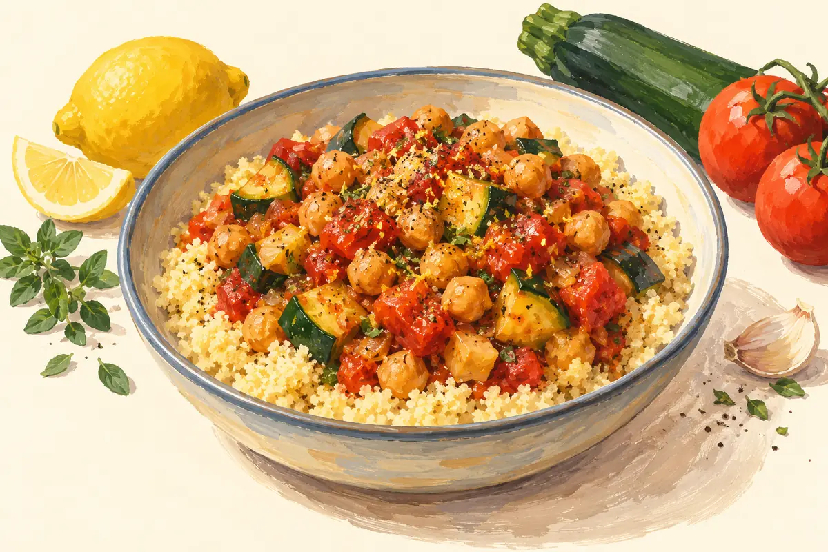 Illustration of Chickpea, tomato and couscous bowls