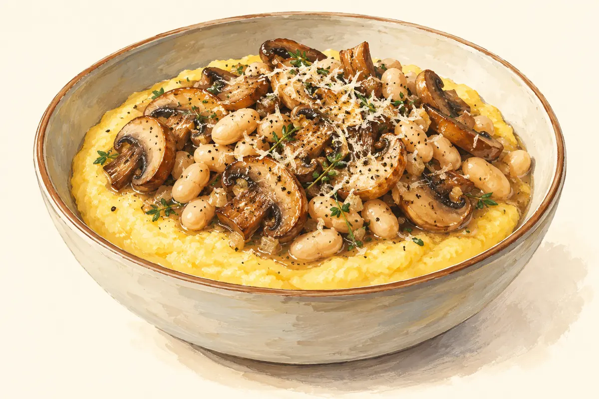 Illustration of Mushroom and white-bean bowls with polenta