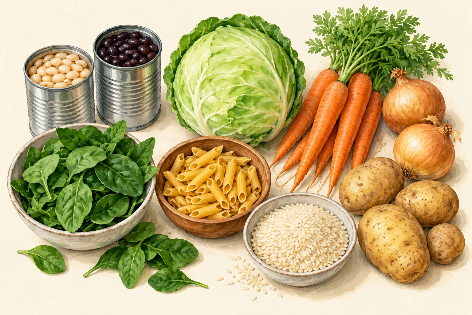 Illustration of beans, rice, pasta and vegetables for one grocery list