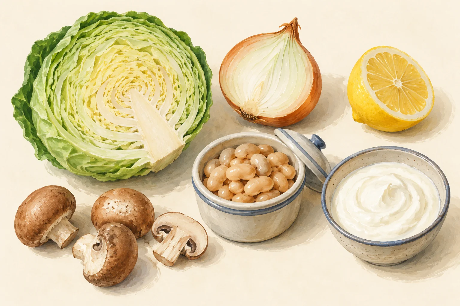 Illustration of half-finished ingredients: cabbage, onion, lemon, beans and yogurt