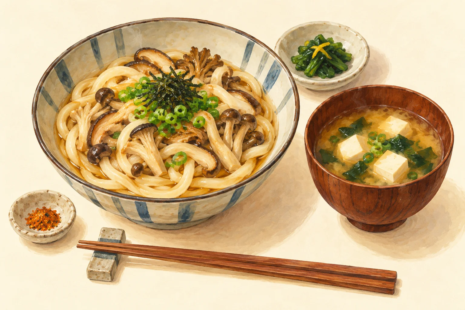 Illustration of Japanese-style comfort dishes: mushroom udon and tofu miso soup