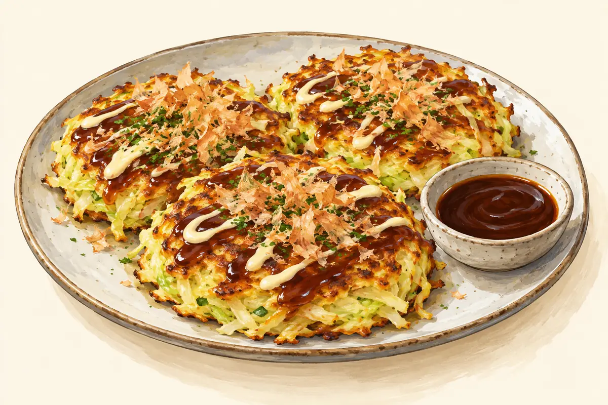 Illustration of Cabbage pancakes inspired by okonomiyaki
