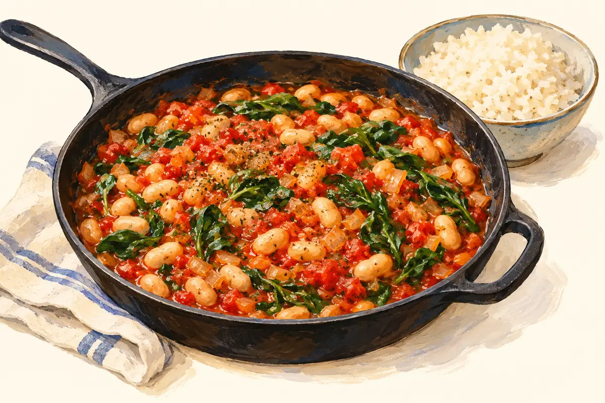 Illustration of Dinner one: tomato, white-bean and spinach skillet
