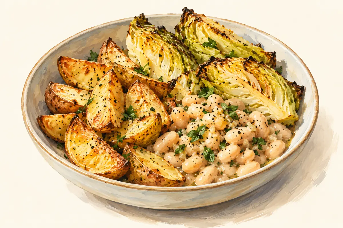 Illustration of Dinner five: roast potatoes, cabbage and warm white beans