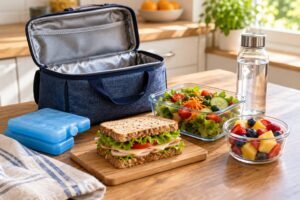Packed lunch with insulated bag, two ice packs, sandwich, salad, fruit and water