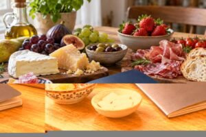 International foods still life with cheese, fruit, meat, candy and unbranded gum arranged beside a closed passport