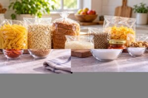 Unbranded packaged foods and small glass bowls of sugar, salt, spices and oats on a kitchen counter