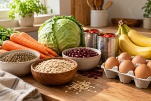 Budget groceries: dry lentils, beans, rolled oats, carrots, cabbage, eggs, bananas and canned tomatoes without labels