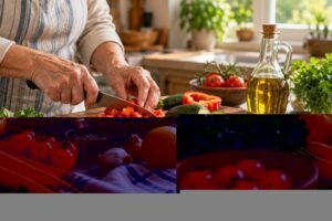 Older adult hands preparing colorful vegetables beside olive oil and a bowl of beans