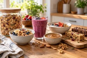 Unbranded granola, smoothie, yogurt, nut butter and snack bars arranged on a kitchen table