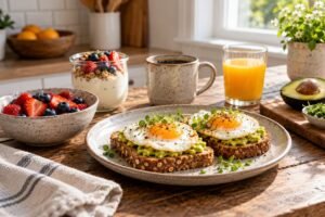 Breakfast preparation with whole grain toast, eggs, berries, yogurt and coffee