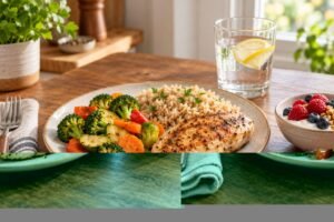 Balanced adult meal with vegetables, brown rice, chicken, a water glass and a modest dessert