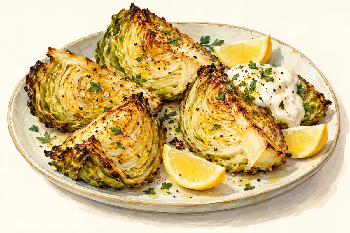 Illustration of Roasted cabbage wedges with lemon